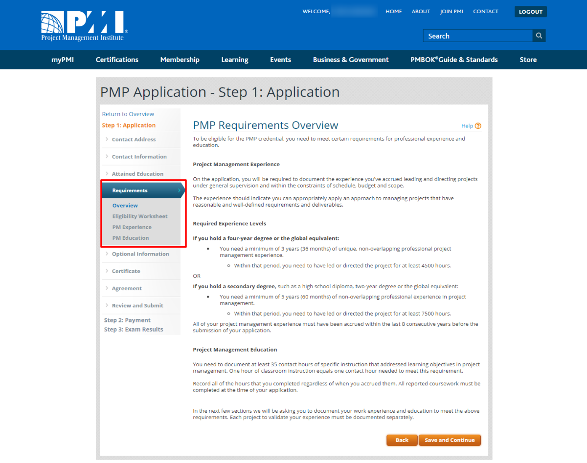 PM Experience（プロジェクト経験）とPM Education（教育受講履歴）を入力します。